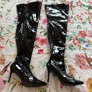 Black Patent Leather Knee-High Boots Funtasma Women's size 7 . Heels about 3 1/2